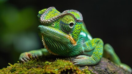 Vibrant Green Chameleon Resting On Mossy Branch
