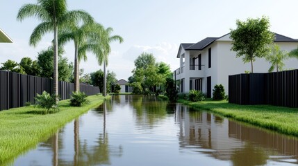 Obraz premium Scenic view of a residential area with a calm waterway.
