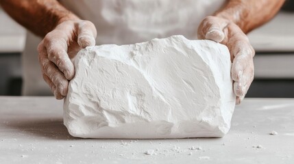 Hands Holding a Chunk of White Plaster on a Table, Showcasing Artisanal Craftsmanship in a Bright and Clean Workspace Filled with Creative Potential