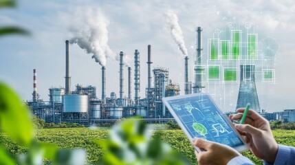A modern industrial scene featuring a factory with emissions, sustainability charts, and greenery, highlighting the intersection of industry and environmental awareness.