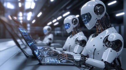Fototapeta premium A futuristic scene depicting humanoid robots working on laptops in a high-tech environment, highlighting advancements in robotics and AI technology.