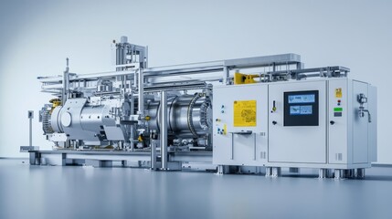 A modern industrial machine designed for processing materials, featuring a sleek design and advanced technology in a clean environment.
