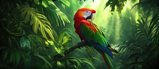 Tropical vector of a parrot in a rainforest, vibrant green and red colors, detailed feathers 