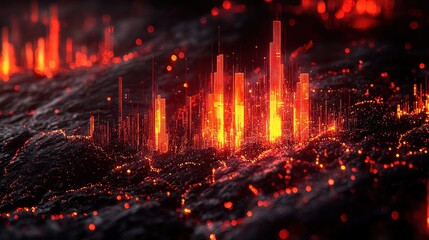 Naklejka premium Abstract digital landscape featuring glowing red and orange spikes, depicting an otherworldly terrain of illuminated volcanic eruptions and molten lava flows in a futuristic setting