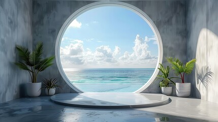Fototapeta premium Modern Minimalist Room Ocean View Display Platform