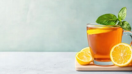 Closeup of detox tea with lemon slices floating, representing a refreshing fatburning drink, detox tea closeup, weight loss and cleanse