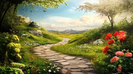 A tranquil stone pathway meanders through a vibrant meadow filled with flowers and lush greenery on a sunny day