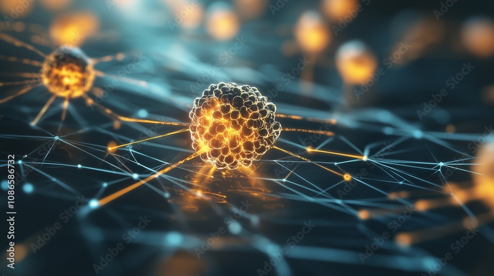 Poster intricate digital rendering of cancer cells featuring luminous structures and complex networks in a 