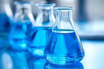 Science Lab Blue Liquid in Erlenmeyer Flasks Chemistry Experiment Research Science Bac