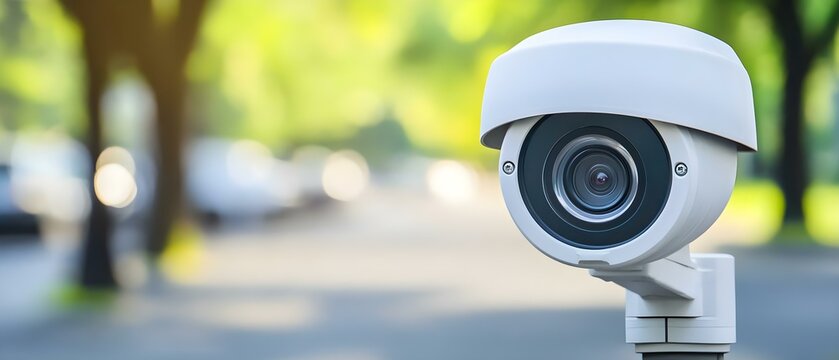 A security camera mounted on a post, focused on a street scene with blurred backgrounds in a park-like setting. Concept Security Camera Surveillance, Park Scene, Blurred Backgrounds, Urban Security