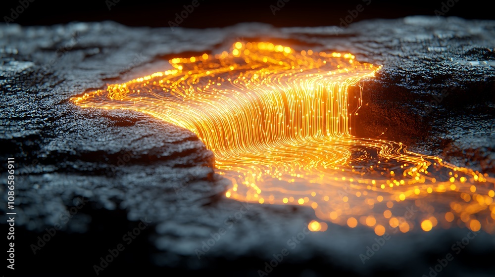 Poster close-up of intricate circuitry patterns with glowing lines on dark surface, showcasing abstract tec