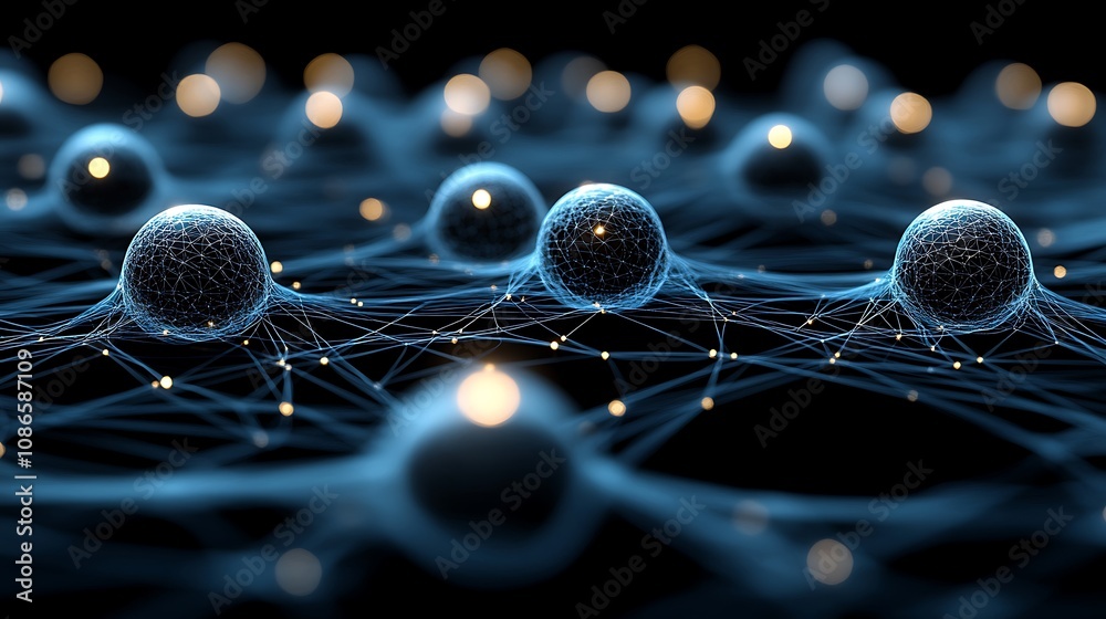 Poster close up view of a chaotic yet structured network of spheres connected by lighted filaments in an ab