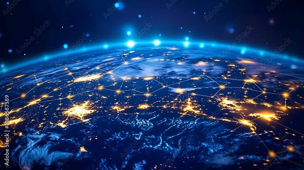 Poster a stunning visualization of interconnected digital spheres representing global networks and data flo