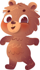 Playful baby bear character. Cute little bear cub from forest, colorful cartoon for kids. Standing and greeting woodland animal illustration for children. Vector animals character isolated clip art.