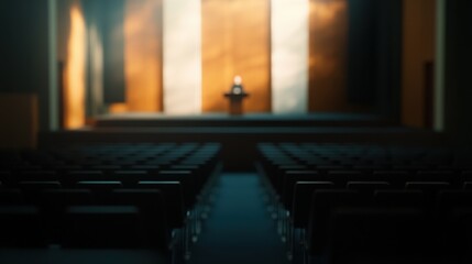 A speaker at a podium addresses an audience in a modern auditorium during a daytime presentation event