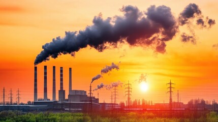 Dramatic Cityscape at Golden Hour Showcasing Skyline with Visible Air Pollution and Particulates Emitting from Industrial Smoke Stacks Under Vibrant Sunset Hues