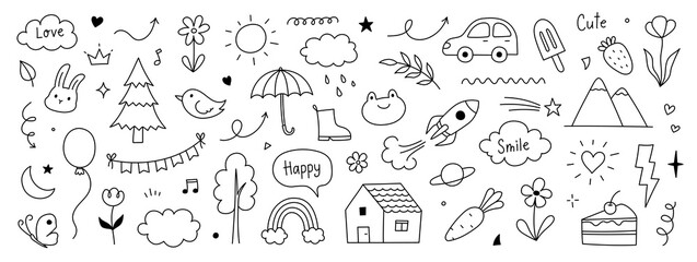 Cute kid background line tree, cloud, flower icon. Hand drawn doodle sketch kid art element pattern. Flower, animal, cloud children draw style design element background. Vector illustration