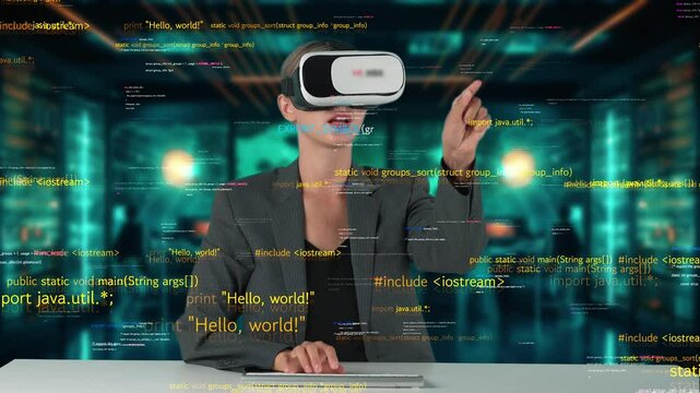 IT developer typing computer code for analyzing intelligent website development coder system data selection by VR innovation interface digital network technology visual hologram server. Contraption.
