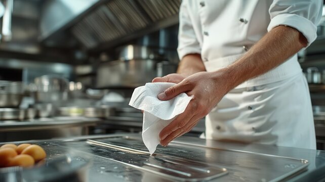 Chef cleaning hands with paper towel, photorealistic hygiene focus, detailed workspace, organized stainless steel kitchen