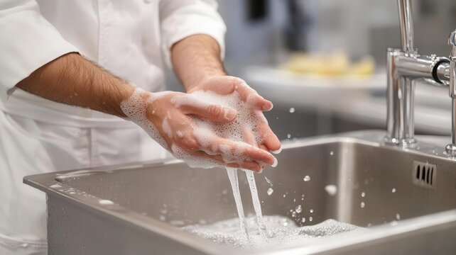 Chef washing hands under industrial sink, focus on cleanliness, stainless steel setup, high-resolution detail, clear lighting