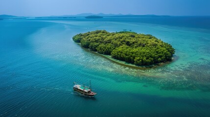 Serene Island with Boat in Turquoise Waters