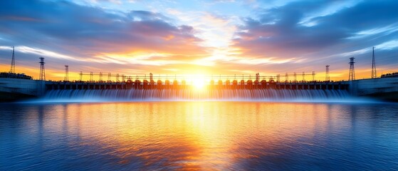 Fototapeta premium A beautiful sunset over a dam with cascading water, reflecting vibrant colors in the sky and water. Concept Sunset Over Water, Cascading Dam, Vibrant Sky Reflections, Nature's Beauty