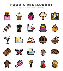 Set of Food and Restaurant Icons. Simple Lineal Color art style icons pack.