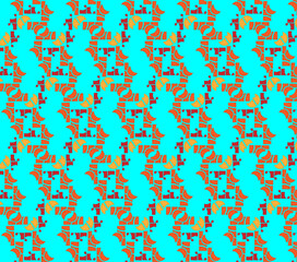 geometric pattern featuring interlocking shapes in shades of orange and blue.