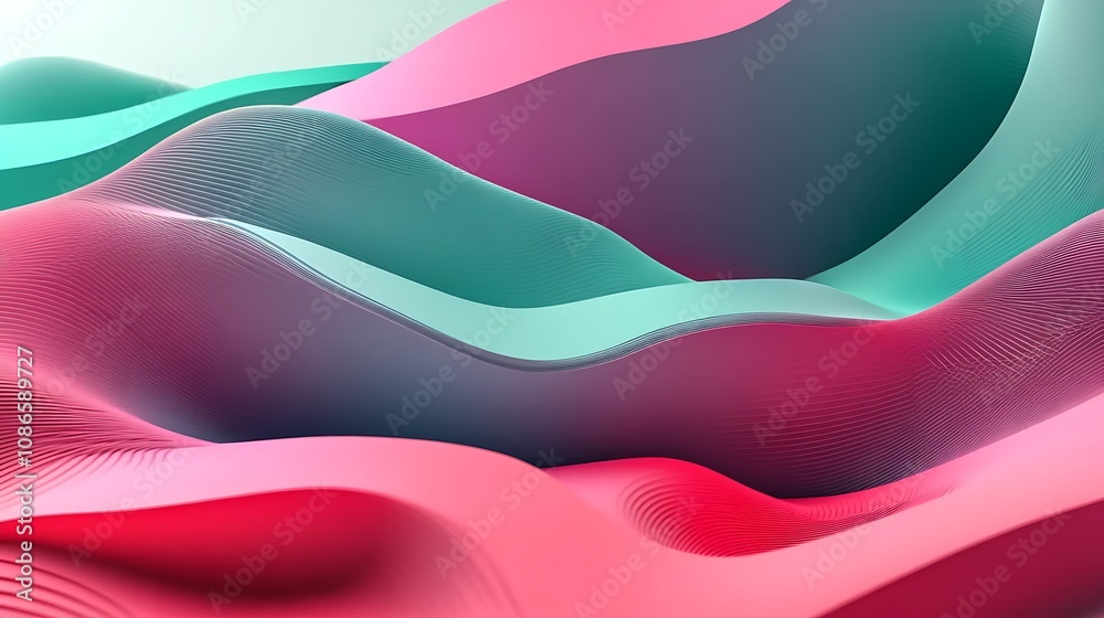 Poster dynamic and colorful data visualization with fluid waves in pink and teal, capturing modern artistic