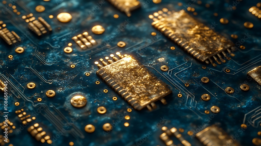 Poster dynamic composition of overlapping translucent circuit board elements exhibiting gold plating and in