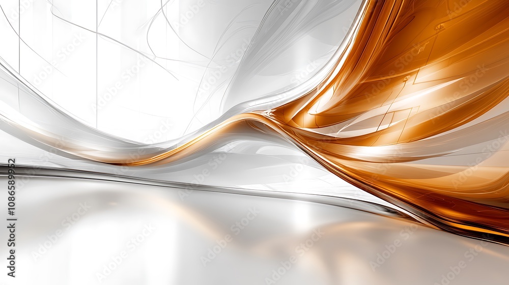 Poster abstract dynamic composition featuring overlapping translucent waves in warm and cool tones, creatin