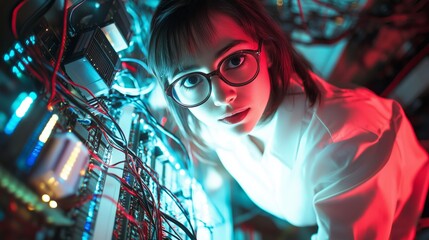 A young woman working intensely with computer hardware in a futuristic lab, illuminated by colorful lights in the evening