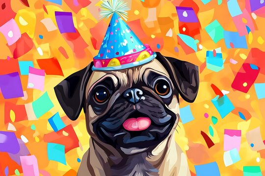 Happy pug dog wearing birthday hat celebrating with falling confetti