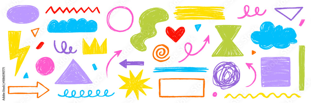 Poster crayon doodle color scribble line brush shape. brush crayon pencil paint stroke texture doodle shape