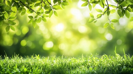 Obraz premium Lush green leaves frame a sunlit grassy area in a vibrant natural setting during a bright afternoon