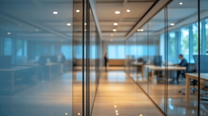 Modern office interior with glass partitions, bright lighting, and professionals engaged in work during a weekday