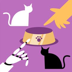 Automatic cat feeder. Сute Black and White Cats is waiting for his food from the AI Robot and Human. Technology and Pets. Flat Vector illustration.