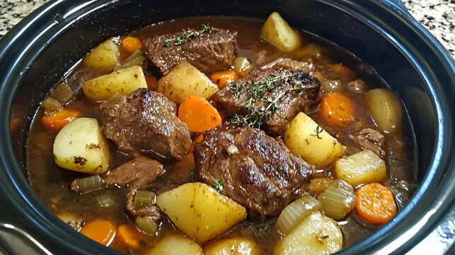 A delicious autumn stew made with beef short ribs, carrots, potatoes, onions, and celery, simmered in a rich beef broth with herbs and spices.