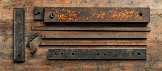 Set of carpenter's squares and rulers, vintage metal and wood finish, arranged neatly on a workbench