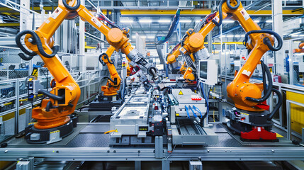 Industrial robot arms working on a production line in a modern automated factory