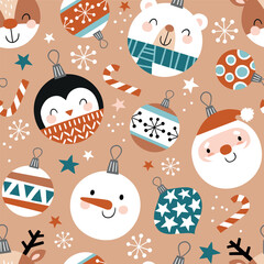 Seamless vector pattern with cute Christmas ornaments. Hand drawn vector Christmas ornaments. Santa Claus, snowman, penguin, deer and polar bear. Perfect for textile, wallpaper or print design. 