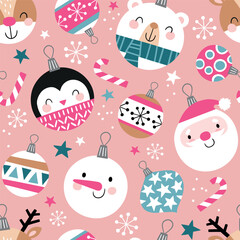 Seamless vector pattern with cute Christmas ornaments. Hand drawn vector Christmas ornaments. Santa Claus, snowman, penguin, deer and polar bear. Perfect for textile, wallpaper or print design. 