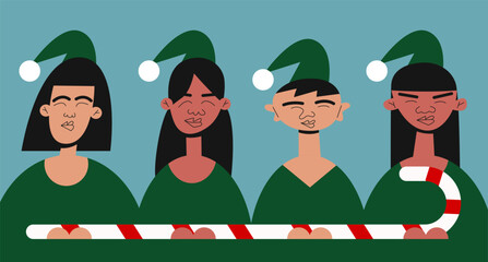 Christmas Kids Characters with big Candy cane. Christmas Candy lollipop. Flat vector illustration.