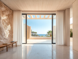Obraz premium Modern interior design featuring a coastal view with natural light and serene surroundings