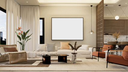Elegant Family Room with White Framed Wall Decoration