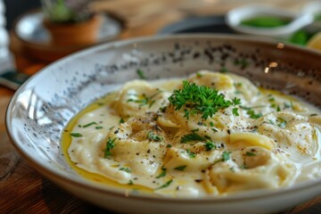 Creamy pasta dish garnished with parsley, featuring fluffy ravioli in a rich sauce, served in a stylish bowl on a wooden table.