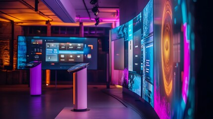 46. A podium at a tech launch event, with product demos and interactive displays behind it