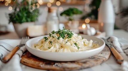 A delicious plate of creamy pasta garnished with fresh herbs, beautifully presented on a rustic wooden board, set in a cozy dining environment.