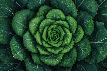 Fototapeta premium Close-up of fresh green cabbage leaves forming a natural rosette pattern