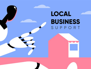 Small business Saturday. AI Robot Businessman Showing shop on blue background with text. Local Shop support. Banner, card and poster design. Flat vector illustration.